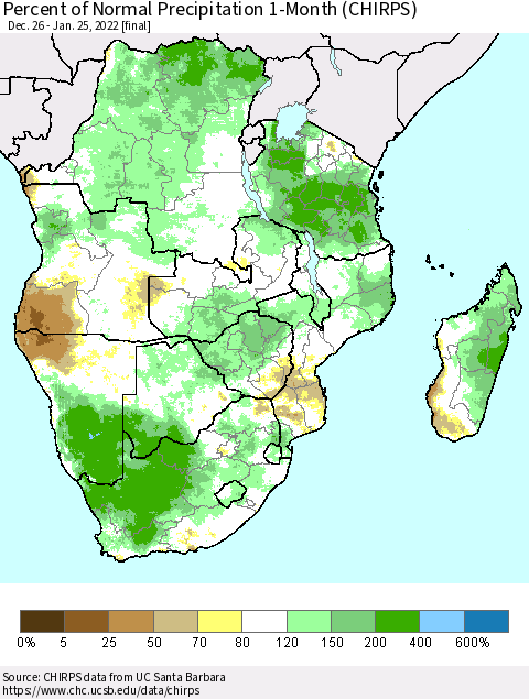 Southern Africa Percent of Normal Precipitation 1-Month (CHIRPS) Thematic Map For 12/26/2021 - 1/25/2022