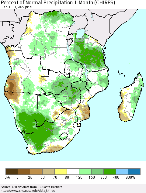 Southern Africa Percent of Normal Precipitation 1-Month (CHIRPS) Thematic Map For 1/1/2022 - 1/31/2022