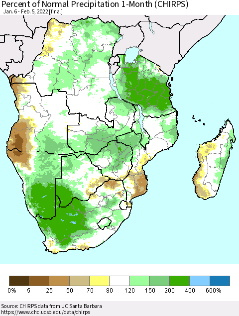 Southern Africa Percent of Normal Precipitation 1-Month (CHIRPS) Thematic Map For 1/6/2022 - 2/5/2022