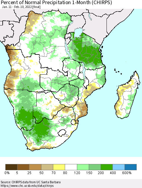 Southern Africa Percent of Normal Precipitation 1-Month (CHIRPS) Thematic Map For 1/11/2022 - 2/10/2022