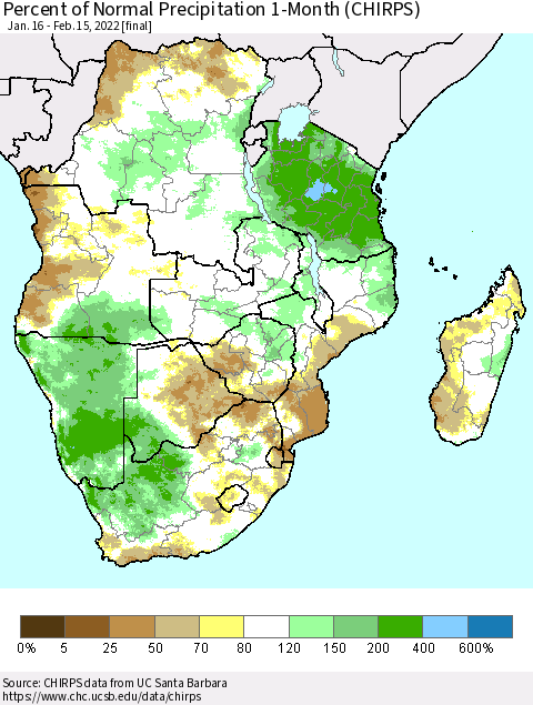 Southern Africa Percent of Normal Precipitation 1-Month (CHIRPS) Thematic Map For 1/16/2022 - 2/15/2022