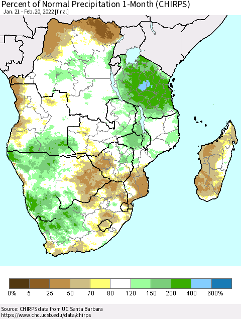 Southern Africa Percent of Normal Precipitation 1-Month (CHIRPS) Thematic Map For 1/21/2022 - 2/20/2022