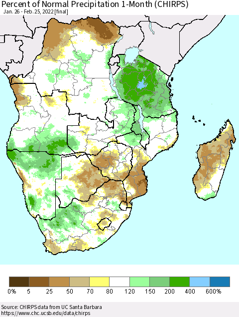 Southern Africa Percent of Normal Precipitation 1-Month (CHIRPS) Thematic Map For 1/26/2022 - 2/25/2022