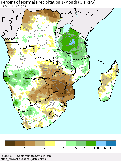Southern Africa Percent of Normal Precipitation 1-Month (CHIRPS) Thematic Map For 2/1/2022 - 2/28/2022