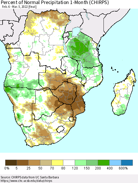Southern Africa Percent of Normal Precipitation 1-Month (CHIRPS) Thematic Map For 2/6/2022 - 3/5/2022