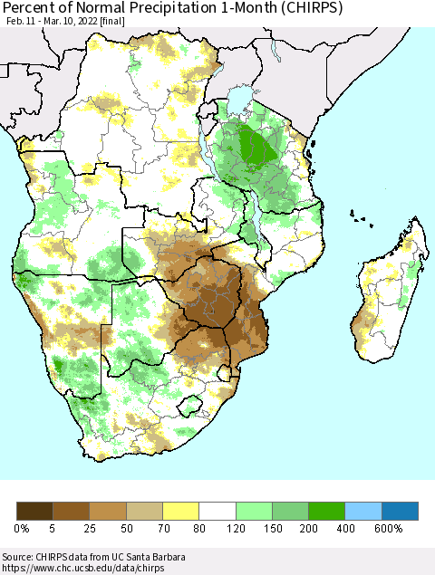 Southern Africa Percent of Normal Precipitation 1-Month (CHIRPS) Thematic Map For 2/11/2022 - 3/10/2022
