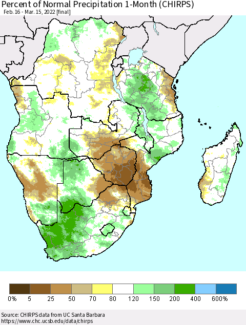 Southern Africa Percent of Normal Precipitation 1-Month (CHIRPS) Thematic Map For 2/16/2022 - 3/15/2022