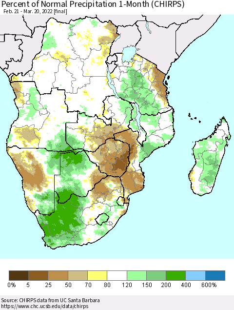 Southern Africa Percent of Normal Precipitation 1-Month (CHIRPS) Thematic Map For 2/21/2022 - 3/20/2022