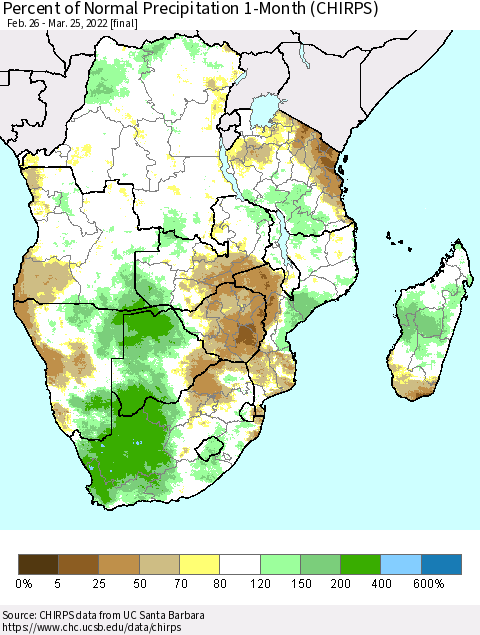 Southern Africa Percent of Normal Precipitation 1-Month (CHIRPS) Thematic Map For 2/26/2022 - 3/25/2022