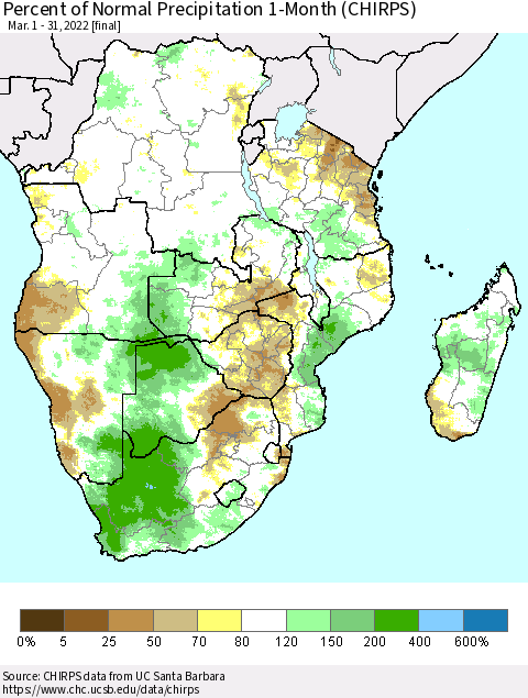 Southern Africa Percent of Normal Precipitation 1-Month (CHIRPS) Thematic Map For 3/1/2022 - 3/31/2022