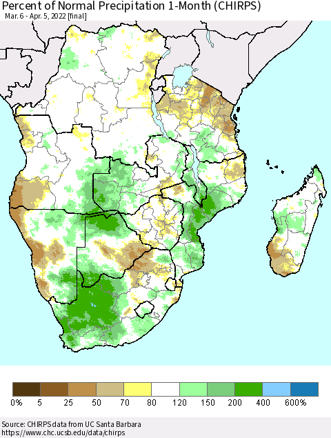 Southern Africa Percent of Normal Precipitation 1-Month (CHIRPS) Thematic Map For 3/6/2022 - 4/5/2022