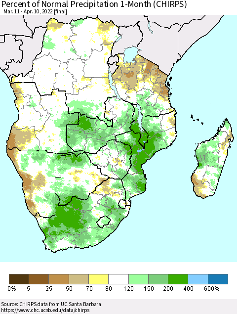 Southern Africa Percent of Normal Precipitation 1-Month (CHIRPS) Thematic Map For 3/11/2022 - 4/10/2022