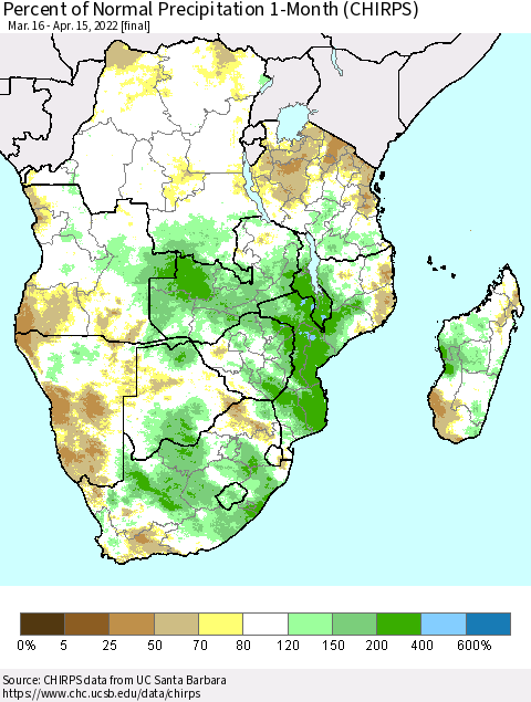 Southern Africa Percent of Normal Precipitation 1-Month (CHIRPS) Thematic Map For 3/16/2022 - 4/15/2022