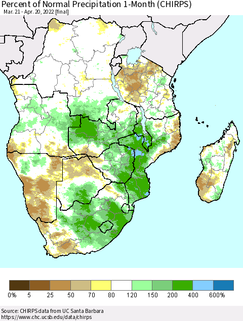 Southern Africa Percent of Normal Precipitation 1-Month (CHIRPS) Thematic Map For 3/21/2022 - 4/20/2022