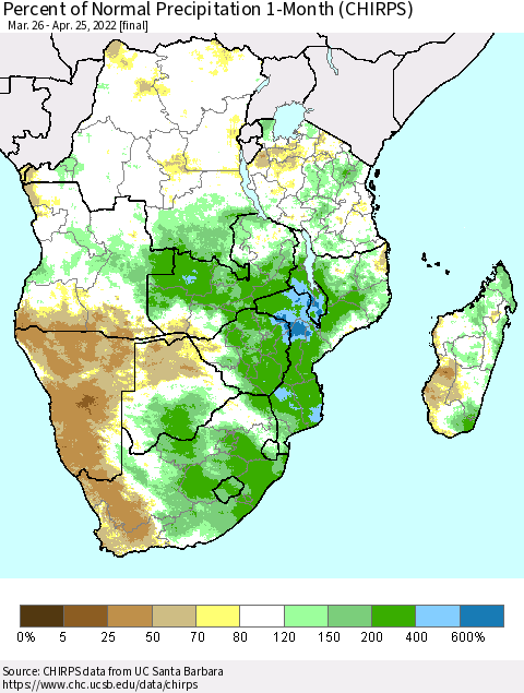 Southern Africa Percent of Normal Precipitation 1-Month (CHIRPS) Thematic Map For 3/26/2022 - 4/25/2022