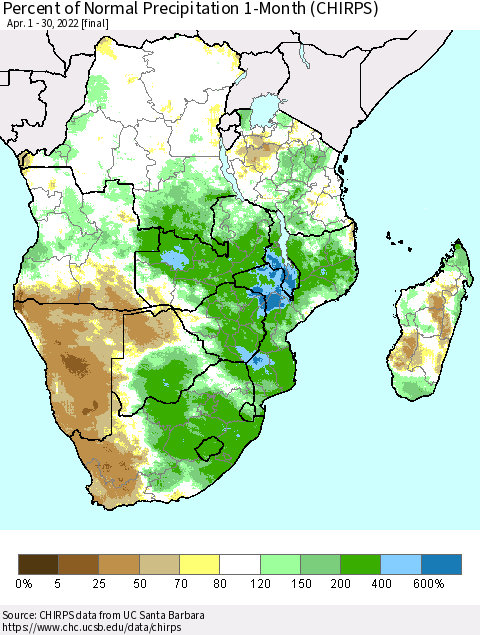 Southern Africa Percent of Normal Precipitation 1-Month (CHIRPS) Thematic Map For 4/1/2022 - 4/30/2022