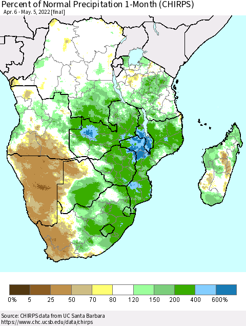 Southern Africa Percent of Normal Precipitation 1-Month (CHIRPS) Thematic Map For 4/6/2022 - 5/5/2022