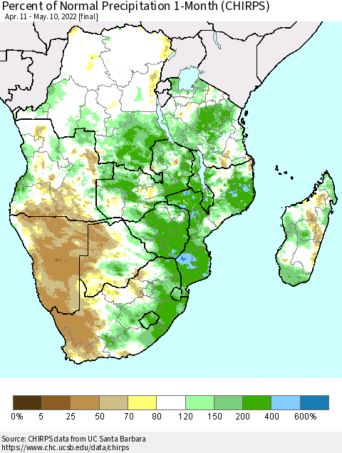 Southern Africa Percent of Normal Precipitation 1-Month (CHIRPS) Thematic Map For 4/11/2022 - 5/10/2022