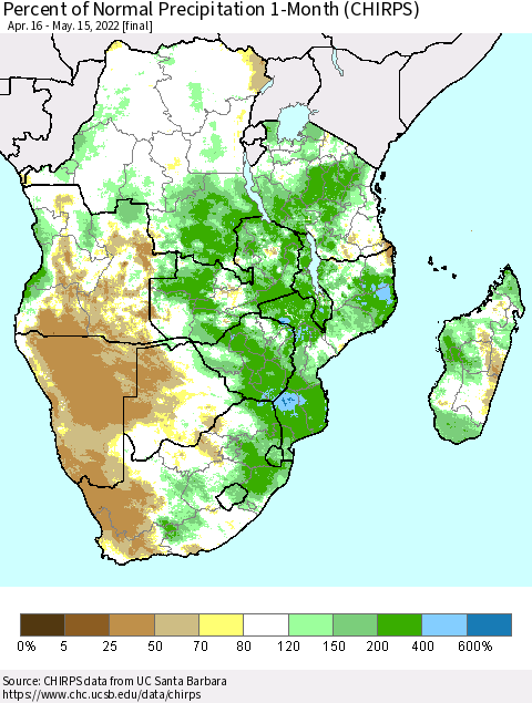 Southern Africa Percent of Normal Precipitation 1-Month (CHIRPS) Thematic Map For 4/16/2022 - 5/15/2022