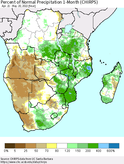 Southern Africa Percent of Normal Precipitation 1-Month (CHIRPS) Thematic Map For 4/21/2022 - 5/20/2022
