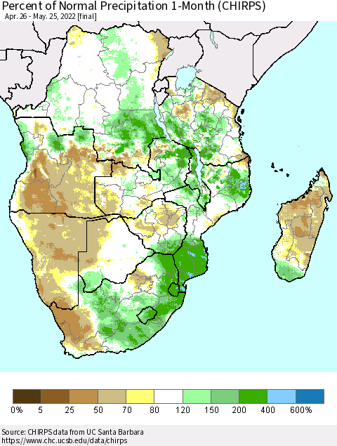 Southern Africa Percent of Normal Precipitation 1-Month (CHIRPS) Thematic Map For 4/26/2022 - 5/25/2022