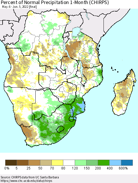 Southern Africa Percent of Normal Precipitation 1-Month (CHIRPS) Thematic Map For 5/6/2022 - 6/5/2022
