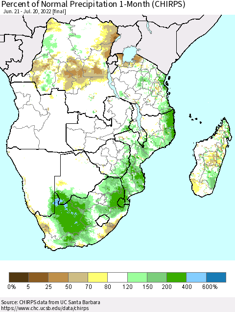 Southern Africa Percent of Normal Precipitation 1-Month (CHIRPS) Thematic Map For 6/21/2022 - 7/20/2022