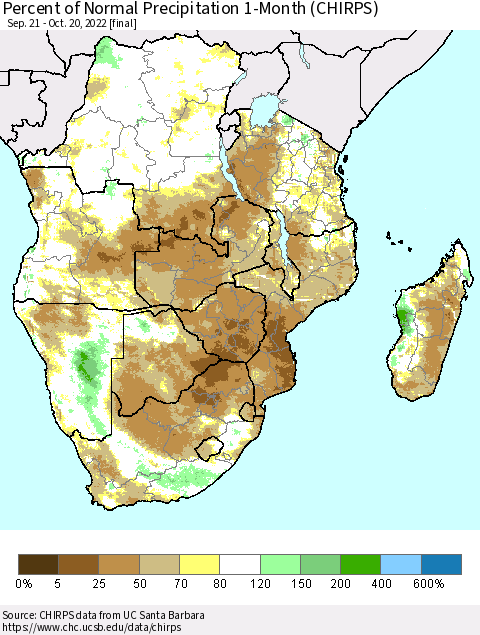 Southern Africa Percent of Normal Precipitation 1-Month (CHIRPS) Thematic Map For 9/21/2022 - 10/20/2022