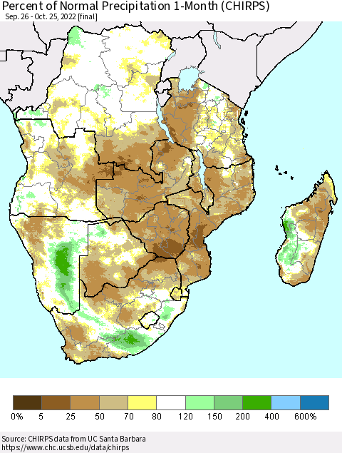 Southern Africa Percent of Normal Precipitation 1-Month (CHIRPS) Thematic Map For 9/26/2022 - 10/25/2022