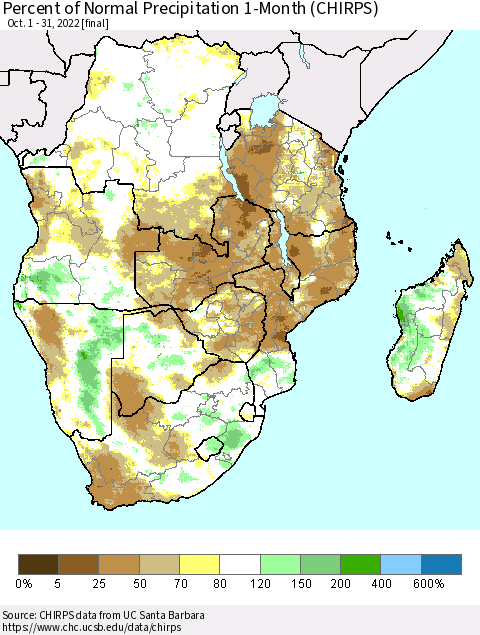 Southern Africa Percent of Normal Precipitation 1-Month (CHIRPS) Thematic Map For 10/1/2022 - 10/31/2022
