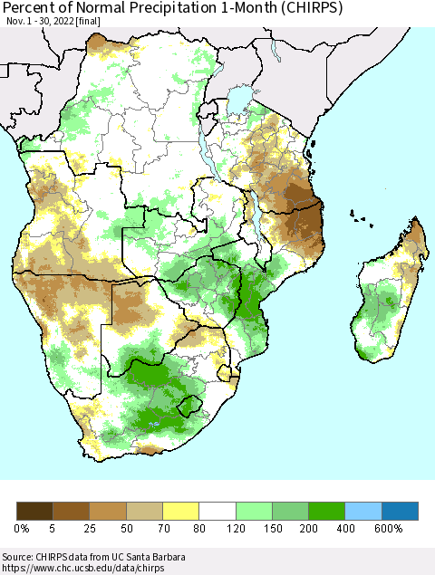 Southern Africa Percent of Normal Precipitation 1-Month (CHIRPS) Thematic Map For 11/1/2022 - 11/30/2022