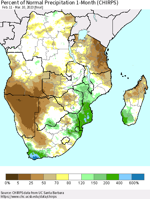 Southern Africa Percent of Normal Precipitation 1-Month (CHIRPS) Thematic Map For 2/11/2023 - 3/10/2023