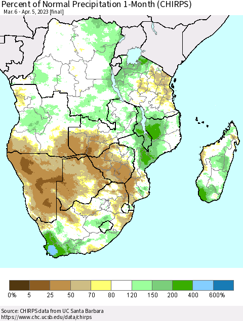 Southern Africa Percent of Normal Precipitation 1-Month (CHIRPS) Thematic Map For 3/6/2023 - 4/5/2023