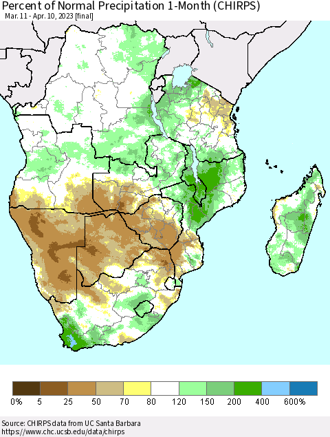 Southern Africa Percent of Normal Precipitation 1-Month (CHIRPS) Thematic Map For 3/11/2023 - 4/10/2023