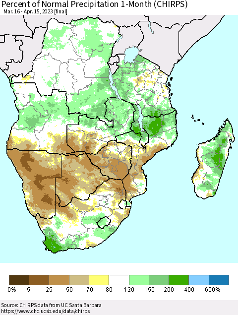Southern Africa Percent of Normal Precipitation 1-Month (CHIRPS) Thematic Map For 3/16/2023 - 4/15/2023