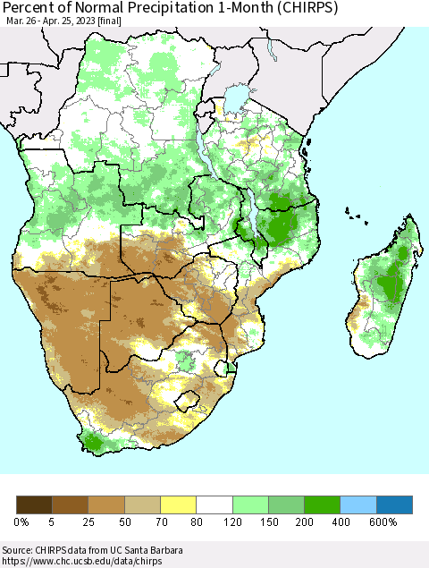 Southern Africa Percent of Normal Precipitation 1-Month (CHIRPS) Thematic Map For 3/26/2023 - 4/25/2023