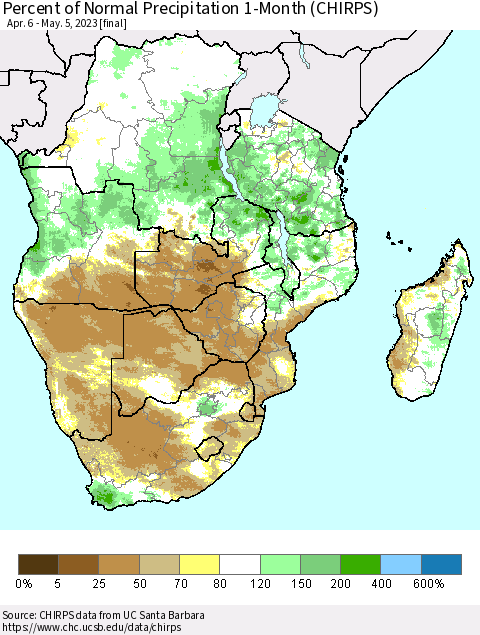 Southern Africa Percent of Normal Precipitation 1-Month (CHIRPS) Thematic Map For 4/6/2023 - 5/5/2023