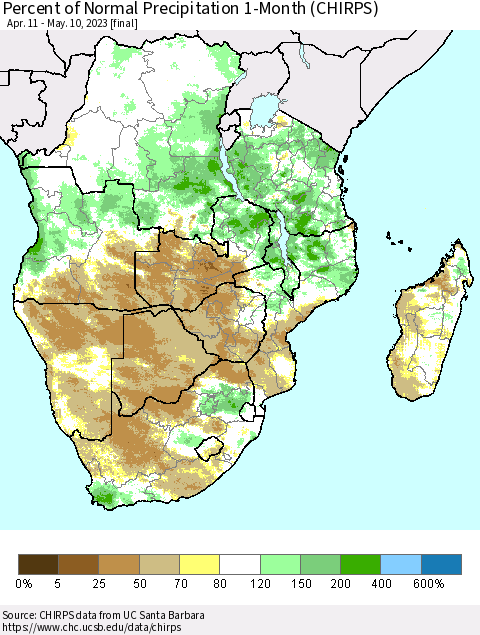 Southern Africa Percent of Normal Precipitation 1-Month (CHIRPS) Thematic Map For 4/11/2023 - 5/10/2023