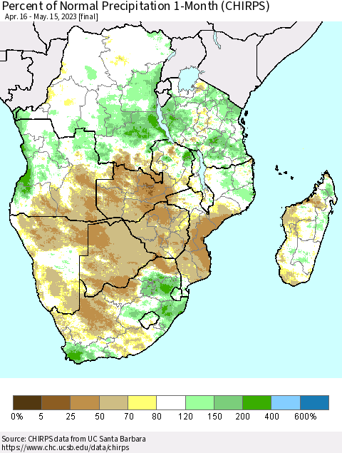 Southern Africa Percent of Normal Precipitation 1-Month (CHIRPS) Thematic Map For 4/16/2023 - 5/15/2023