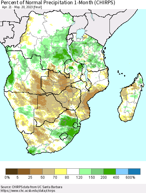 Southern Africa Percent of Normal Precipitation 1-Month (CHIRPS) Thematic Map For 4/21/2023 - 5/20/2023