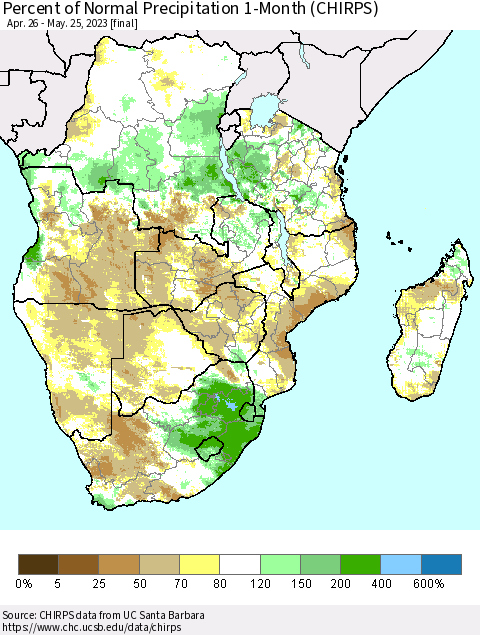 Southern Africa Percent of Normal Precipitation 1-Month (CHIRPS) Thematic Map For 4/26/2023 - 5/25/2023