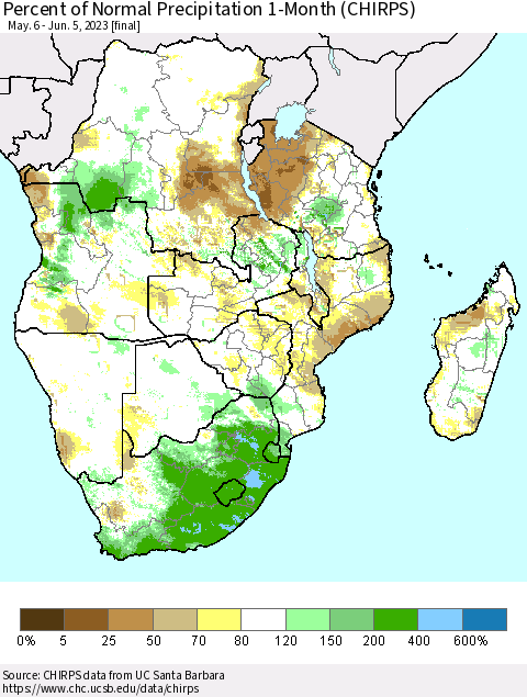 Southern Africa Percent of Normal Precipitation 1-Month (CHIRPS) Thematic Map For 5/6/2023 - 6/5/2023