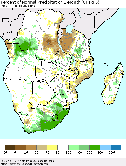 Southern Africa Percent of Normal Precipitation 1-Month (CHIRPS) Thematic Map For 5/11/2023 - 6/10/2023