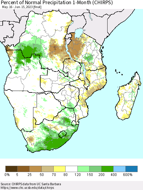 Southern Africa Percent of Normal Precipitation 1-Month (CHIRPS) Thematic Map For 5/16/2023 - 6/15/2023