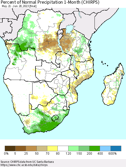 Southern Africa Percent of Normal Precipitation 1-Month (CHIRPS) Thematic Map For 5/21/2023 - 6/20/2023