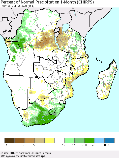 Southern Africa Percent of Normal Precipitation 1-Month (CHIRPS) Thematic Map For 5/26/2023 - 6/25/2023