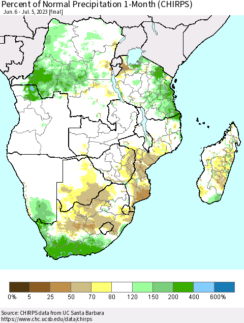 Southern Africa Percent of Normal Precipitation 1-Month (CHIRPS) Thematic Map For 6/6/2023 - 7/5/2023