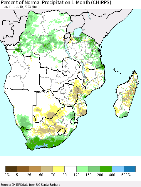 Southern Africa Percent of Normal Precipitation 1-Month (CHIRPS) Thematic Map For 6/11/2023 - 7/10/2023
