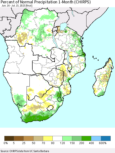Southern Africa Percent of Normal Precipitation 1-Month (CHIRPS) Thematic Map For 6/16/2023 - 7/15/2023