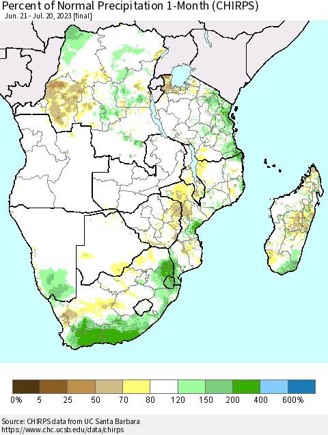 Southern Africa Percent of Normal Precipitation 1-Month (CHIRPS) Thematic Map For 6/21/2023 - 7/20/2023